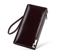 VANNANBA Long Wallet for Men Women 16 Credit Card Slots RFID Blocking with Zipper Leather Genuine Large Capacity Checkbook Clutch Purse for Travel Business Reddish brown/Black, with Gift Box, Premium