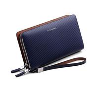 VANNANBA Men Clutch Wallet Large leather clutch bag Business Double Zip Handbag Blue Black, Blue, Casual