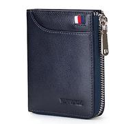 VANNANBA Mens Genuine Leather Zipper Wallet RFID Blocking Bifold Zip Around Wallets Multi Credit Card Holder with Coin Pocket & Bill Compartment, Dark Blue, Retro