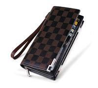 VANNANBA Mens Real Leather Long Wallet RFID Blocking Multi Credit Card Large Capacity Zipper Travel Clutch Wristlet, Plaid, Casual