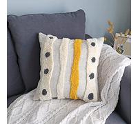 VANNCIO Boho Tufted Throw Pillow Cover with Handwoven Stripes, Linen Cotton Simple Decorative Cushion Case for Couch Sofa, 18x18 inches, 1 PC(Mustard Yellow)