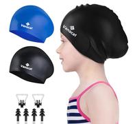 Vanocat 2 Pack Kids Swimming Cap Short/Long Hair, Unisex Silicone Swimming Hat for Age 3-15 Children Toddler Teen, Waterproof Shower Swim Cap for Girls Boys with Ear Plugs & Nose Clip