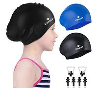 Vanocat 2 Pack Kids Swimming Cap Short/Long Hair, Unisex Silicone Swimming Hat for Age 3-15 Children Toddler Youth Teen, Waterproof Shower Bathing Swim Cap for Girls Boys with Ear Plugs & Nose Clip