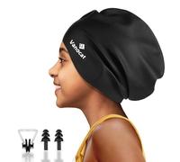Vanocat Extra Large Kids Swimming Cap Long Hair, Waterproof Silicone Swimming Hat for Boys Girls Children Youth Teen, Swim Cap for Long Thick Curly Hair & Dreadlocks Braids Weaves Afro Hair（Black）