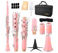 VANPHY Bb Clarinet for Student Beginner, B Flat 17 Nickel-plated Keys Clarinet with Case, Stand, Strap, 2 Barrels, 8 Mouthpiece Cushion, White Gloves, Cleaning Kit （Pink）