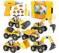 Vanplay 6 in 1 Take-Apart Construction Vehicles include Toy Drill & Box, Digger Excavators Truck Building STEM Learning Gift, Electric Drill Toy Set for Boys Girls 3 4 5 Years Old