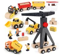 Vanplay Construction Toys for 3 4 5 6 Year Olds, Wooden Construction Vehicle Toys Set with Tower Crane Digger Dump Truck Road Roller, Boys Gift for Kids Toddler