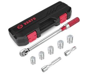 VANPO Torque Wrench 1/2 Inch Drive, 20-220Nm 8 Pieces Torque Wrench Set, ± 3% Accuracy with 2 Extension Bars 75mm and 125mm, 5 Sockets 17mm, 19mm, 21mm, 23mm, 24mm for Cars, Motorcycles, Trucks