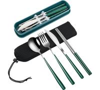 VANRA 4-Piece Portable Travel Utensils Set with Case 18/8 Stainless Steel Flatware Set Reusable Cutlery Set with Fork Spoon Knife Chopstick for Lunch Travel Camping School Work Picnic (Deep Green)