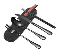 VANRA Portable Travel Utensils Set with Case 4-Piece Stainless Steel Camping Cutlery Set Reusable Silverware Set for Work Fork Spoon Knife Chopstick for Lunch Box School Picnic (Black)