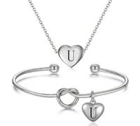 VanSabrina Personalized Initial Letter Heart Necklace & Dainty Tie the Knot Bracelet Set Adjustable Jewelry Set For Women Custom Letter Charm Gift, M, Stainless Steel, No Gemstone
