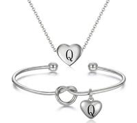 VanSabrina Personalized Initial Letter Heart Necklace & Dainty Tie the Knot Bracelet Set Adjustable Jewelry Set For Women Custom Letter Charm Gift, M, Stainless Steel, No Gemstone
