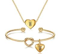 VanSabrina Personalized Initial Letter Heart Necklace & Dainty Tie the Knot Bracelet Set Adjustable Jewelry Set For Women Custom Letter Charm Gift, M, Stainless Steel, No Gemstone