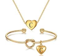VanSabrina Personalized Initial Letter Heart Necklace & Dainty Tie the Knot Bracelet Set Adjustable Jewelry Set For Women Custom Letter Charm Gift, M, Stainless Steel, No Gemstone