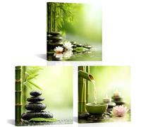 VANSEEING Green Zen Wall Art Canvas Prints Bathroom Decor Bamboo Stone Lotus Picture Contemporary Artwork Wall Decor for Meditation Yoga Spa Bedroom Office Living Room 12"x12"x3 Pieces
