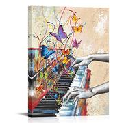 VANSEEING Vintage Music Wall Art Retro Piano Painting Art Print on Canvas Graffiti Pop Art Music Notes and Butterfly Poster with Frame for Classroom Living Room Bedroom Decoration 24x32inch