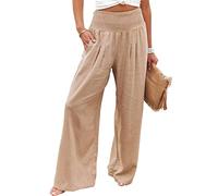 Vansha Women Summer High Waisted Cotton Linen Palazzo Pants Wide Leg Long Lounge Pant Trousers with Pocket, Khaki, Large