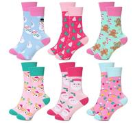 Vansolinne Christmas Crew Pink Socks for Women Girls Santa Snowman Gingerbread Man Novelty Crew Socks for Pink Christmas Costume Cosplay Party Supplies, Set of 6, Pink, 9 UK