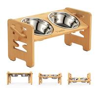 Vantic Raised Dog Bowls with Stand, 6 Heights Adjustable Bamboo Dog Feeding Station with 2 Stainless Steel Bowls, 17cm High
