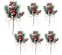 VANTOBEST 6 Pieces Artificial Red Berries Stem Pine Cones with Twine Bow Christmas Berries Stems Evergreen Pine Branches Winter Holiday Floral Picks for Decoration DIY Crafts Garland Wreath Ornaments