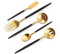 VANVRO Matte Black Gold Serving Silverware Set, 5-Piece Round Shared Utensils Set of Stainless Steel, Hostess Flatware Serving Set, Satin Finish, Dishwasher Safe