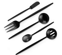 VANVRO Matte Black Serving Silverware Set, 5-Piece Round Shared Utensils Set of Stainless Steel, Hostess Flatware Serving Set, Satin Finish, Dishwasher Safe