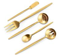 VANVRO Matte Gold Serving Silverware Set, 5-Piece Round Shared Utensils Set of Stainless Steel, Hostess Flatware Serving Set, Satin Finish, Dishwasher Safe