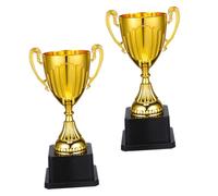 VANZACK 2pcs Mini Gold Trophy Cups with Black Square Base Plastic Award Trophies for Sports Academic Achievements Party Prizes Stable Base Shiny Golden Finish