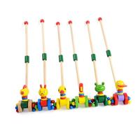 VANZACK 2pcs Wooden Walker Trolley with Detachable Long Handle Push for Cute Duck and Chicken Design Early Childhood Walking for Color Recognition and Motor Skill Development