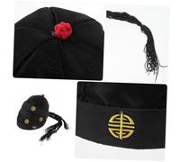 VANZACK 4pcs Qing Dynasty Emperor Hat with Ponytail Handmade Embroidered Oriental Headwear for Adults Antique Chinese Costume Accessory for Cosplay Party Historical Drama Lightweight and