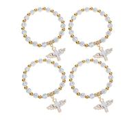 VANZACK 4pcs White Acrylic Gilded Cross Beaded Christian Bracelets with Angel Wings Design, Alloy Wristbands for Religious and Bath Favor Accessories