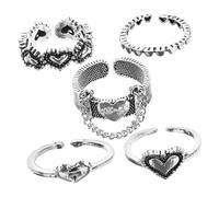 VANZACK 5pcs Adjustable Heart Shaped Open Rings for Women Chic Geometric Finger Bands Stylish Silver Tone Stackable Ring Ornaments Gift for Holidays and Daily Wear