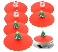 VANZACK 6pcs Christmas Silicone Cup Lids 10cm Cartoon Snowman Tree Heat-proof Mug Covers Red Xmas Style Sealing Drink Caps for Coffee Glass Cups