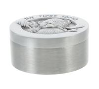 VANZACK Decorative Metal Baby Tooth Keepsake Box for Newborns Boys Girls, Round Deciduous Tooth Storage Holder in Antique Tin Color, Tabletop Trinket Container for Baby and Christening