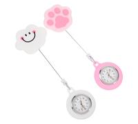 VANZACK Retractable Silicone Nurse Pocket Watch Clip-on Hanging Watch 2pcs Set with Smile White Cloud and Pink Cat Paw for Women Students and Medical Staff
