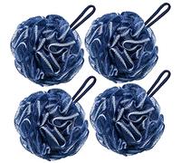 VANZAVANZU Bath Loofah Large 80g Shower Sponge Body Scrubber Mesh Pouf for Men and Women, Set of 4 (Navy Blue)