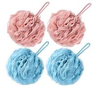 VANZAVANZU Bath Loofah Large 80g Shower Sponge Body Scrubber Mesh Pouf for Men and Women, Set of 4 (Turquoise + Pink)