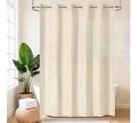 VANZAVANZU Boho Hookless Shower Curtain, Stripe Polyester-Linen Fabric Waterproof coating Shower Curtains for Bathroom, Farmhouse Rustic Shabby Chic Neutral Bathroom Curtain 75" L x 72" W