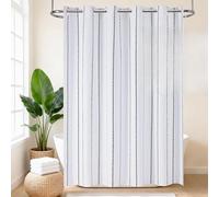 VANZAVANZU Boho Hookless Shower Curtain, Stripe Polyester-Linen Fabric Waterproof coating Shower Curtains for Bathroom, Farmhouse Rustic Shabby Chic Neutral Bathroom Curtain 75" L x 72" W