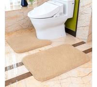 VANZAVANZU Non Slip Bath Mat 2-Piece Set - Thickened Absorbent Ultra Soft & Fluffy Microfiber Toilet Rug, U Shape - 50 x 80cm & 50 x 60cm (Beige)