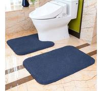 VANZAVANZU Non Slip Bath Mat Set 2 Piece Thickened Bathroom Mat Set Absorbent Ultra Soft Bath and Pedestal Toilet Mat Set Fluffy Microfiber Toilet Rug - 50 x 80cm & 50 x 60cm U Shape (Navy Blue)