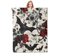 VANZEV Gothic Floral Blanket,Roses and Bat Flannel Throw Blankets,Soft Warm Lightweight Cozy Plush Halloween Goth Throws for Bedroom Sofa Home Decor Gifts for Women Girls 50"x40"