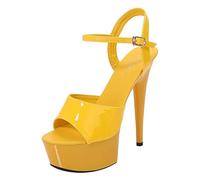 vaolkwsacz High Heels Women's Sexy Platform High Heels Summer Elegant Sandals Open Toe Mules Leather High Shoes for Everyday Dating, Party Sandals with Ankle Strap Silver Stilettos, yellow, 8.5 UK