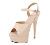 vaolkwsacz High Heels Women's Sexy Platform High Heels Summer Elegant Sandals Open Toe Mules Leather High Shoes for Everyday Dating, Party Sandals with Ankle Strap Silver Stilettos, beige, 8 UK