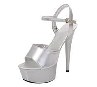 vaolkwsacz High Heels Women's Sexy Platform High Heels Summer Elegant Sandals Open Toe Mules Leather High Shoes for Everyday Dating, Party Sandals with Ankle Strap Silver Stilettos, silver, 7 UK