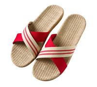 vaolkwsacz Mules Women's Summer Flat Straw Sandals Linen Braided Flat Sandals Slip On Barefoot Sandals Slippers Braided Cross Strap Beach Sandals Hollow Out Leisure Sandals, red, 8 UK