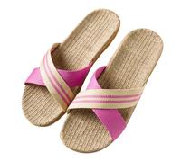 vaolkwsacz Mules Women's Summer Flat Straw Sandals Linen Braided Flat Sandals Slip On Barefoot Sandals Slippers Braided Cross Strap Beach Sandals Hollow Out Leisure Sandals, pink, 4 UK