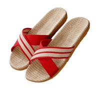 vaolkwsacz Mules Women's Summer Flat Straw Sandals Linen Braided Flat Sandals Slip On Barefoot Sandals Slippers Braided Cross Strap Beach Sandals Hollow Out Leisure Sandals, Wine Red, 6 UK