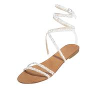 vaolkwsacz Women's Bohemian Style Flat Sandals Rhinestone Glitter Strappy Sandals Open Toe Beach Sandals Wrap Straps Leisure Sandals Summer Sandals with Adjustable Buckle, White, 9 UK