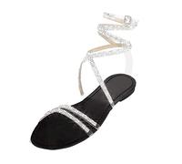 vaolkwsacz Women's Bohemian Style Flat Sandals Rhinestone Glitter Strappy Sandals Open Toe Beach Sandals Wrap Straps Leisure Sandals Summer Sandals with Adjustable Buckle, black, 8.5 UK